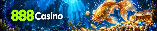 888Casino-banner med gylden fisk og undervandsskat til Cash Spins