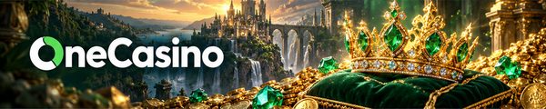 OneCasino-banner med smaragdkrone og guld til kombineret casino-bonus