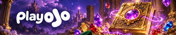 PlayOJO-banner med en gylden magisk bog og juveler til free spins-tilbuddet